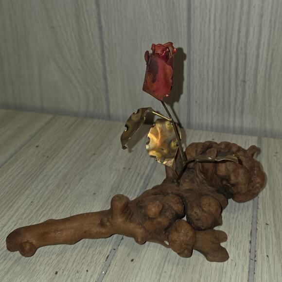Vtg Copper Rose Bud On Burl Wood Base Sculpture Handmade Brutalist MCM Love - Picture 1 of 7
